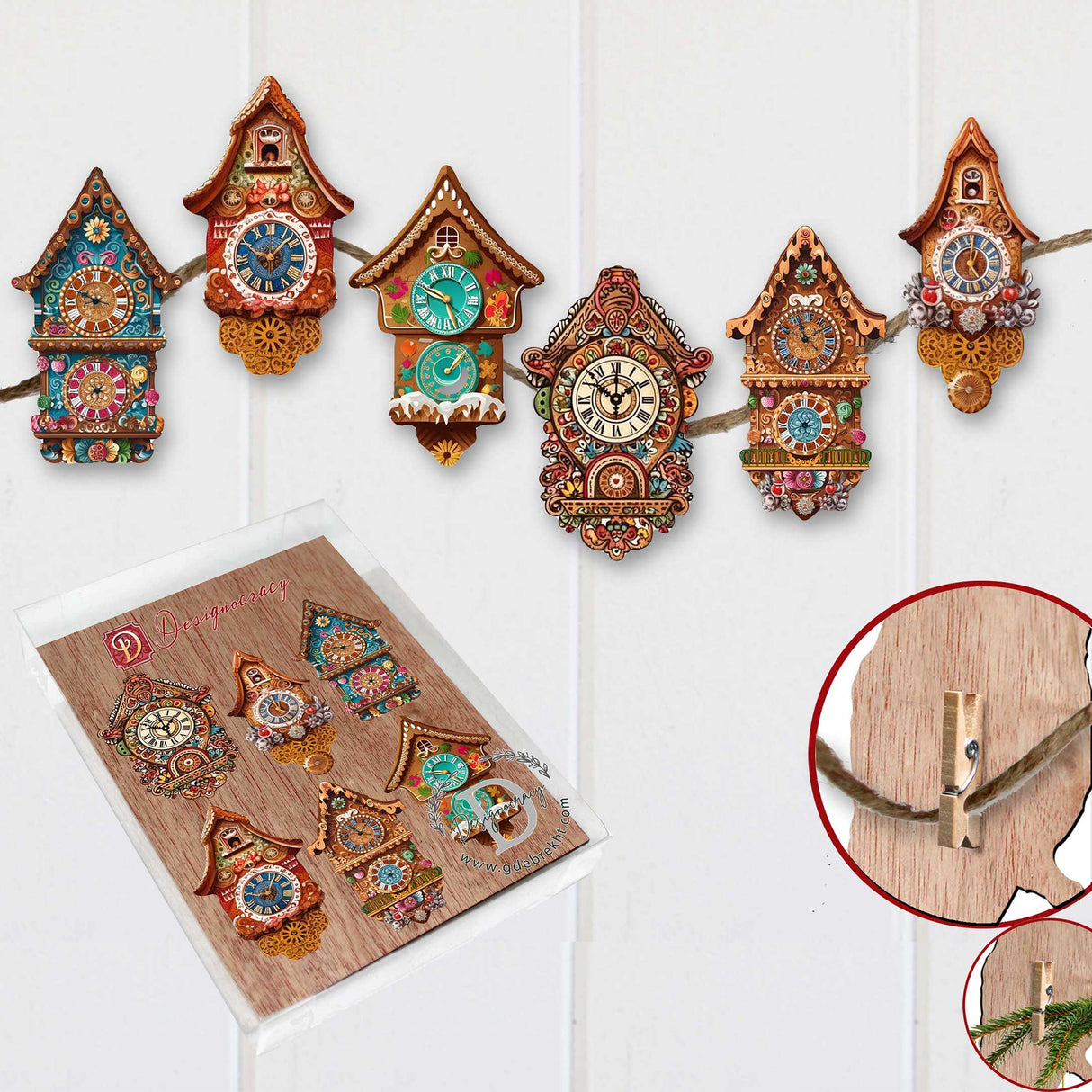 Miniature clock Decorative Wooden Clip-on Ornaments Set of 6 by G. Debrekht - Christmas Decor - 8090020C-S6