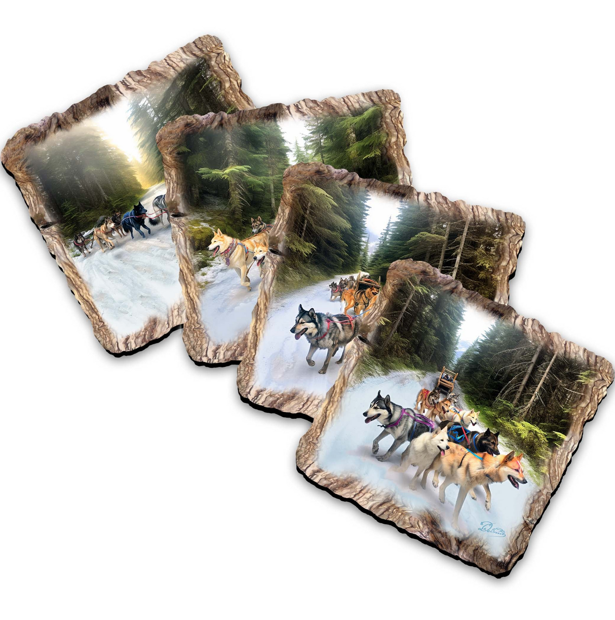 Husky Ride Wooden Cork Coasters Gift Set of 4 by Nature Wonders Nature Wildlife Decor - 95401C-S4