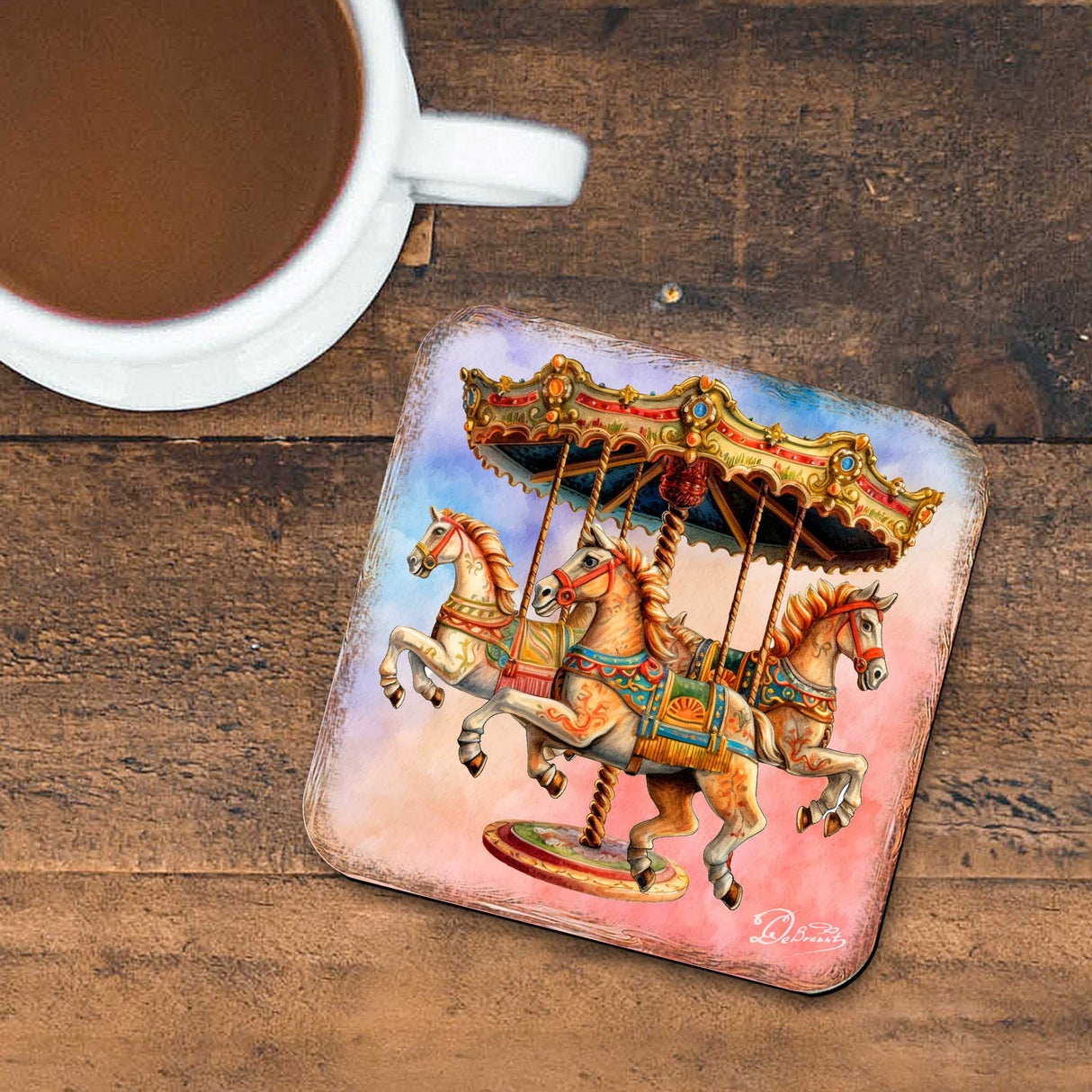 Carousel Horses Wooden Cork Coasters Gift Set of 4 by G. Debrekht - Christmas Decor - 8199439C-S4