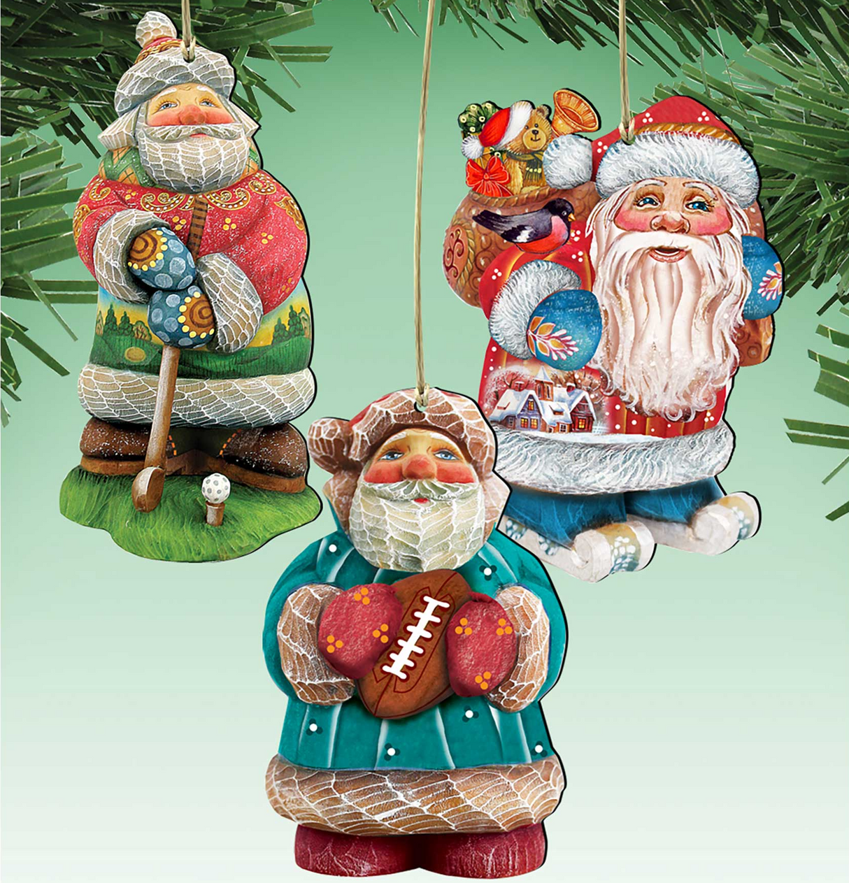 Sporty Santa Wooden Ornaments Set of 3 by G. DeBrekht - Christmas Santa Snowman Décor - 8100031S3