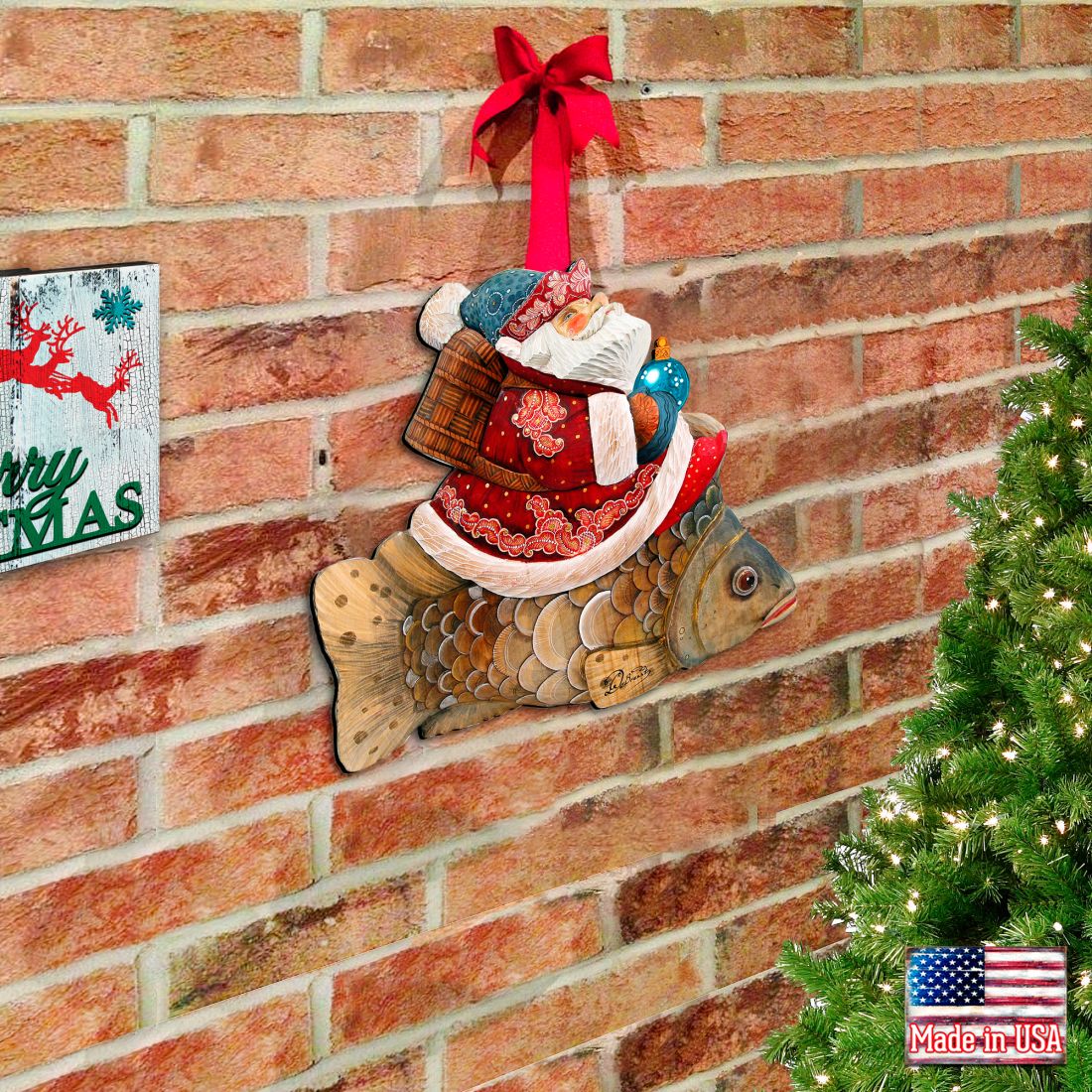 Golden Fish Santa Christmas Door Decor by G. DeBrekht - Christmas Santa Snowman Decor - 8121635H