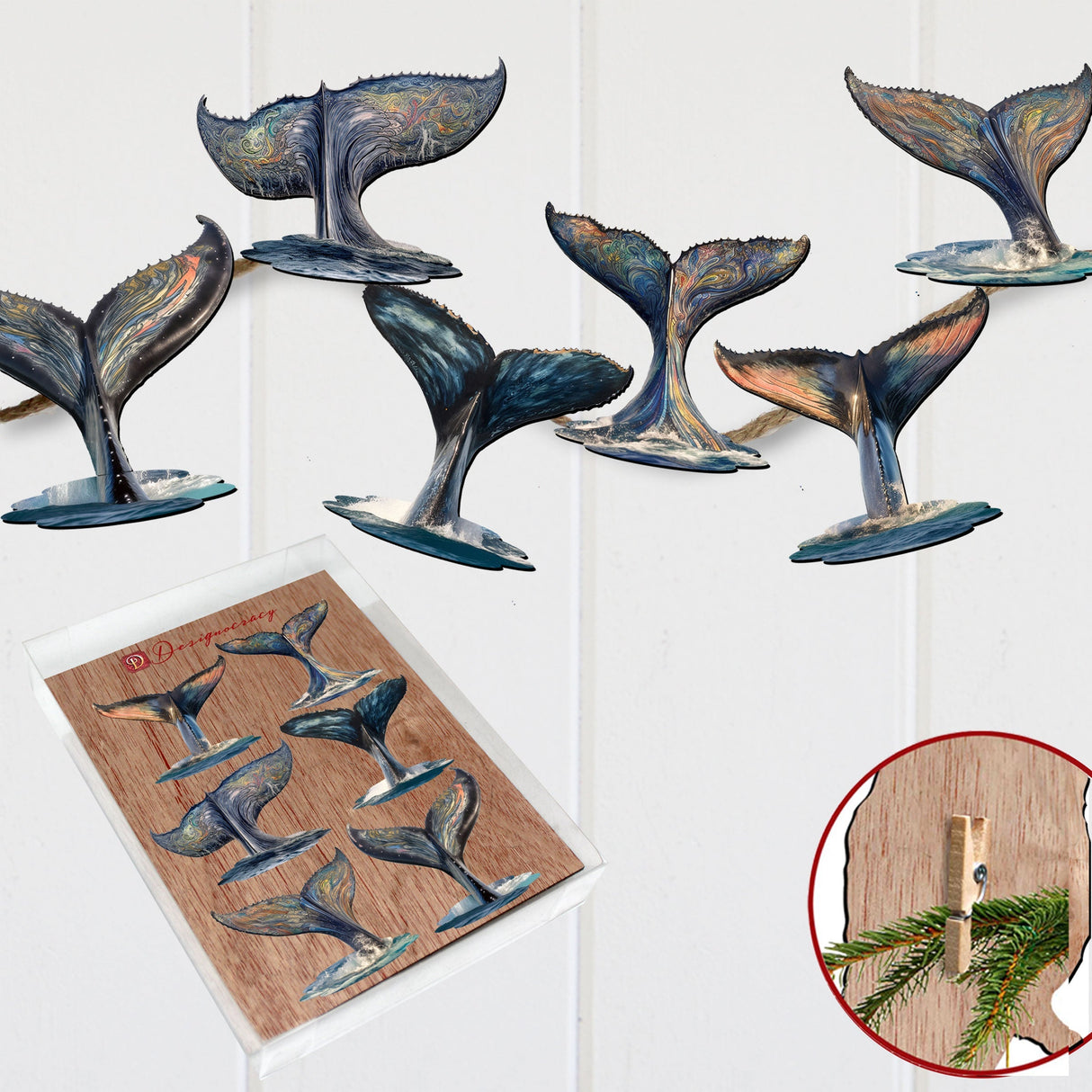 Vibrant Whale Stories Decorative Wooden Clip-on Ornaments Set of 6 by G. Debrekht - Wildlife Decor - 8090104C-S6