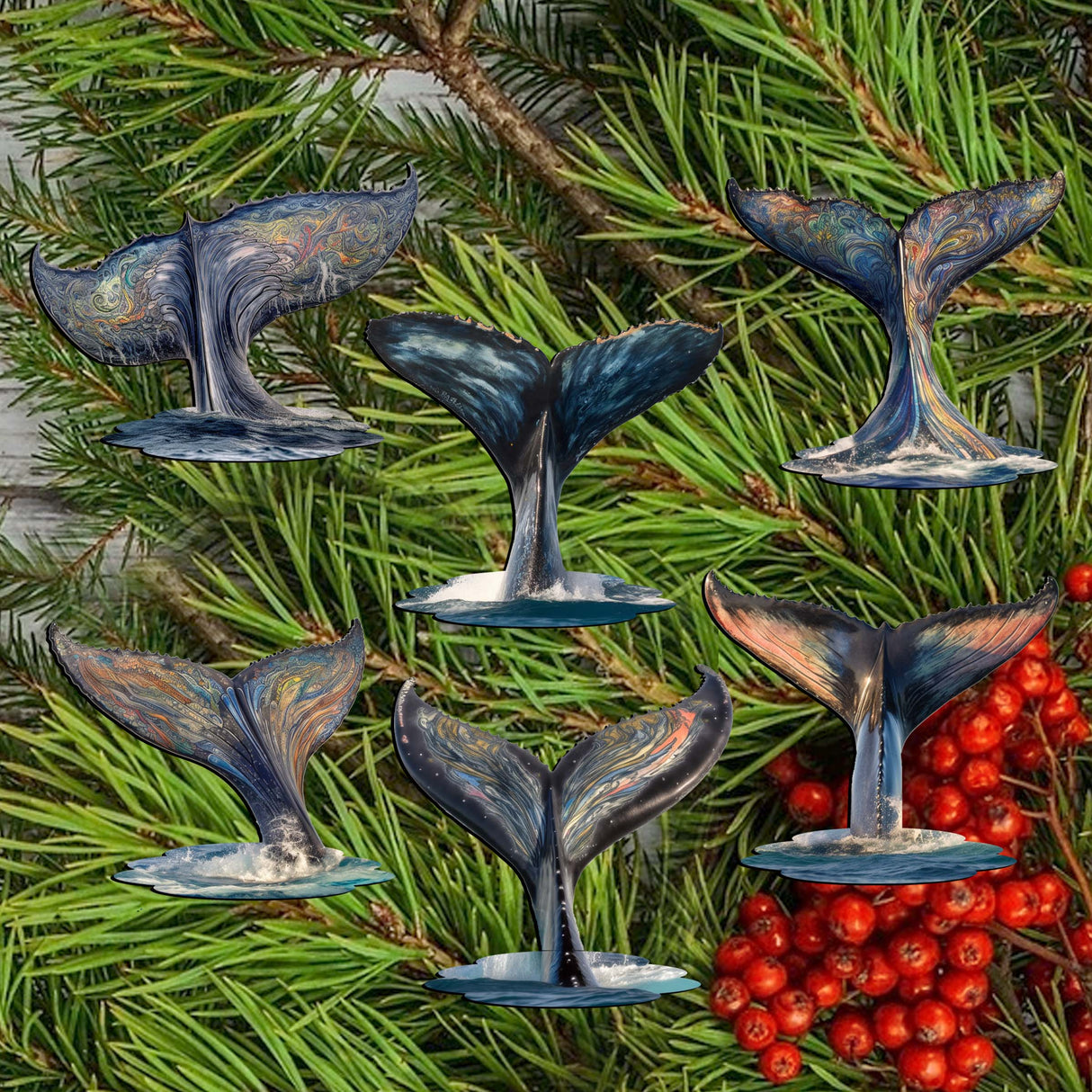 Vibrant Whale Stories Decorative Wooden Clip-on Ornaments Set of 6 by G. Debrekht - Wildlife Decor - 8090104C-S6