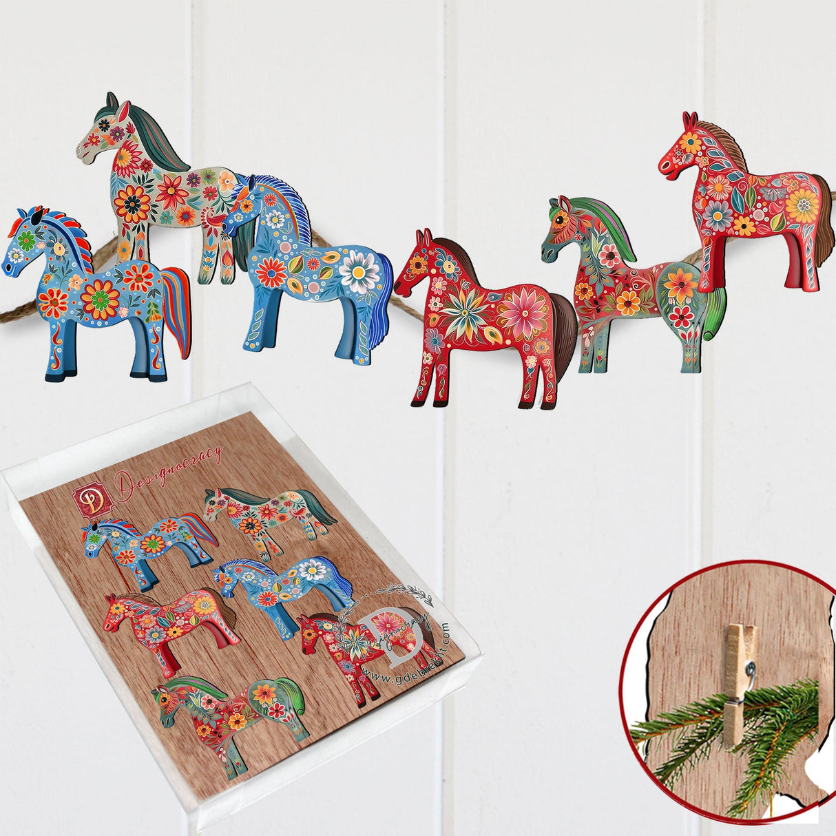 Danish Horses Decorative Wooden Clip-on Ornaments Set of 6 by G. Debrekht - Love Family Decor - 8090075C-S6