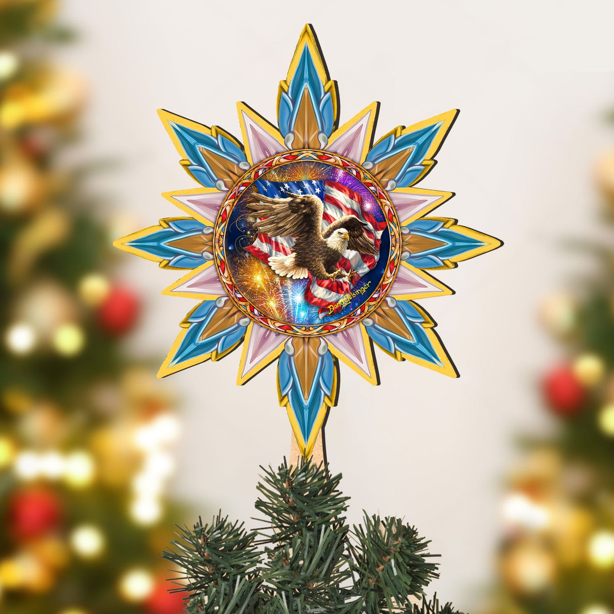 Adorno de madera para la punta del árbol de Navidad con águila patriótica estadounidense de D. Gelsinger - Decoración navideña patriótica - 89515-DG