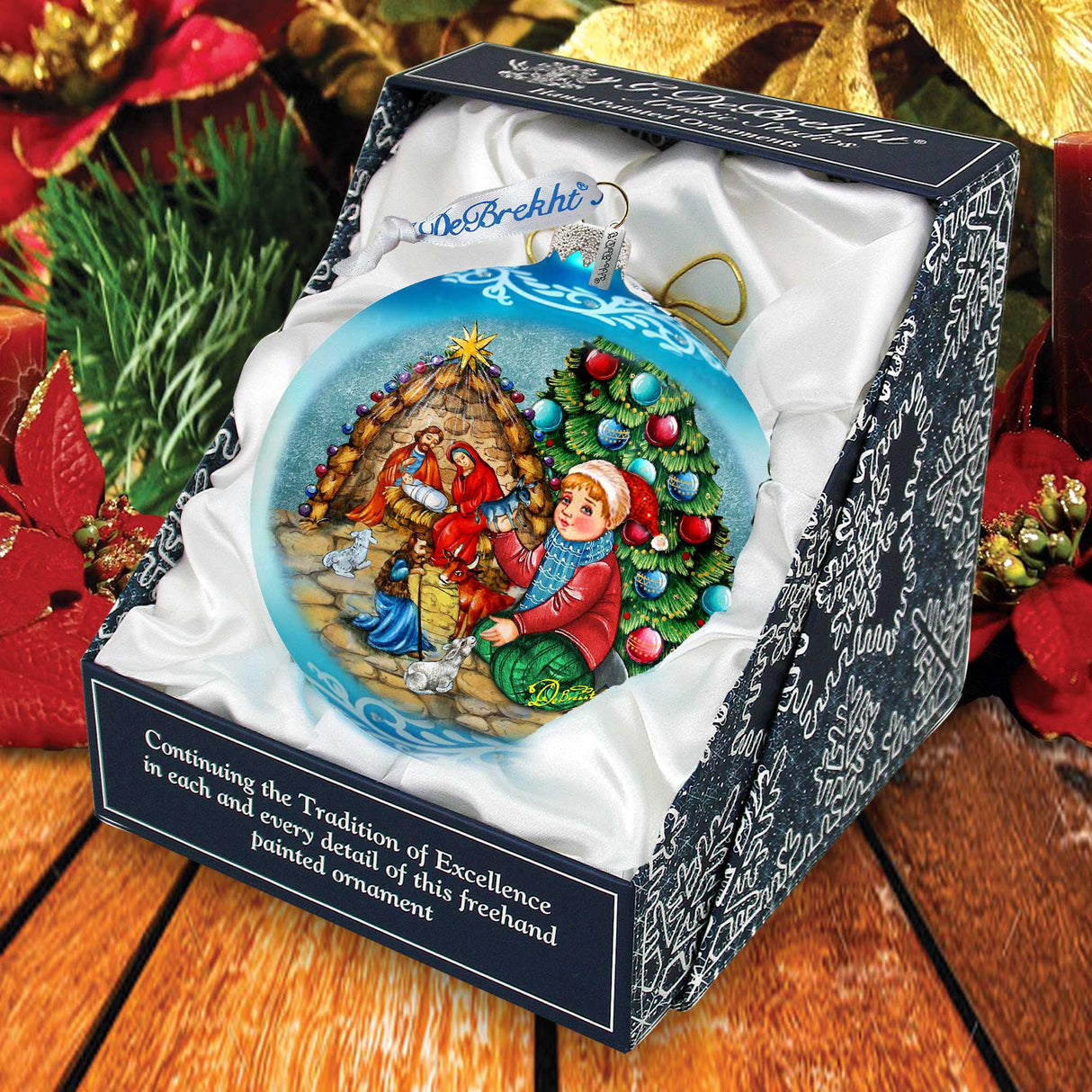 Adorno grande de cristal azul "Nacimiento junto al árbol de Navidad" de G.Debrekht - Decoración navideña - 73930B