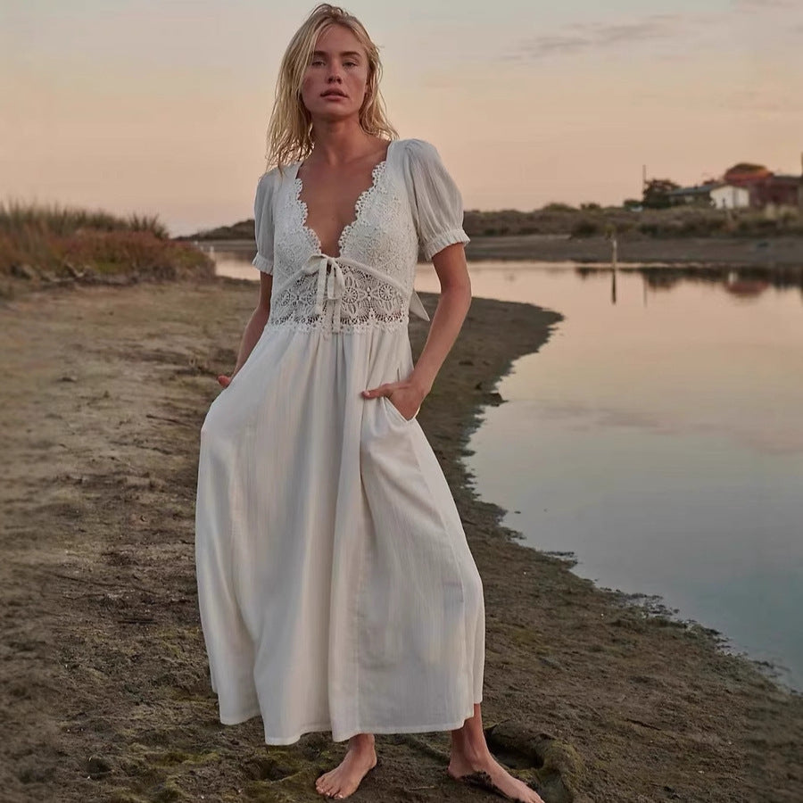 Vestido de algodón puro de manga corta con encaje y escote en V