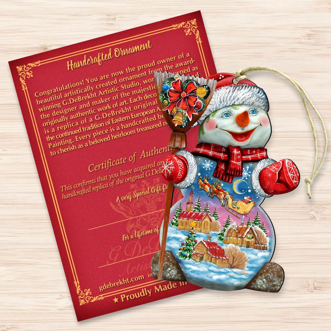 Adornos de madera de Papá Noel en el cielo nocturno de G. DeBrekht - Decoración navideña de muñeco de nieve de Papá Noel - 818158