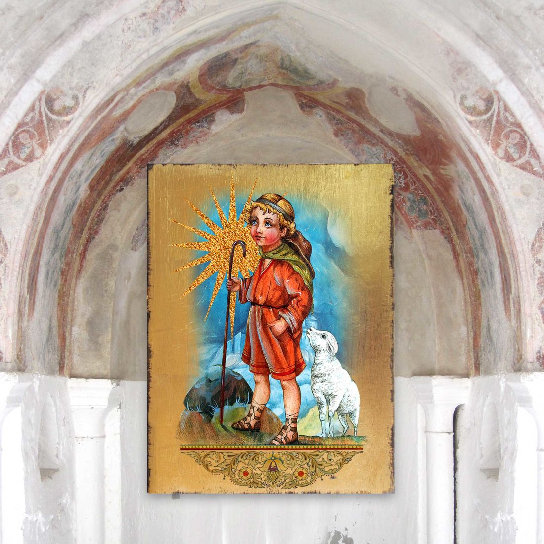 Icono religioso cristiano sagrado de madera de pastor bañado en oro - Decoración inspiradora - 85045