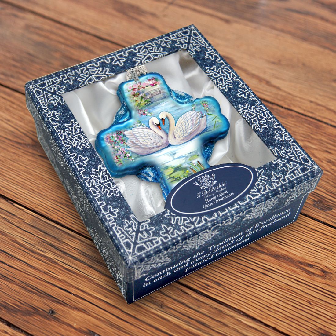 Love of Swans Cross Glass Ornament by G. DeBrekht - Nativity Holiday Decor - 758-012