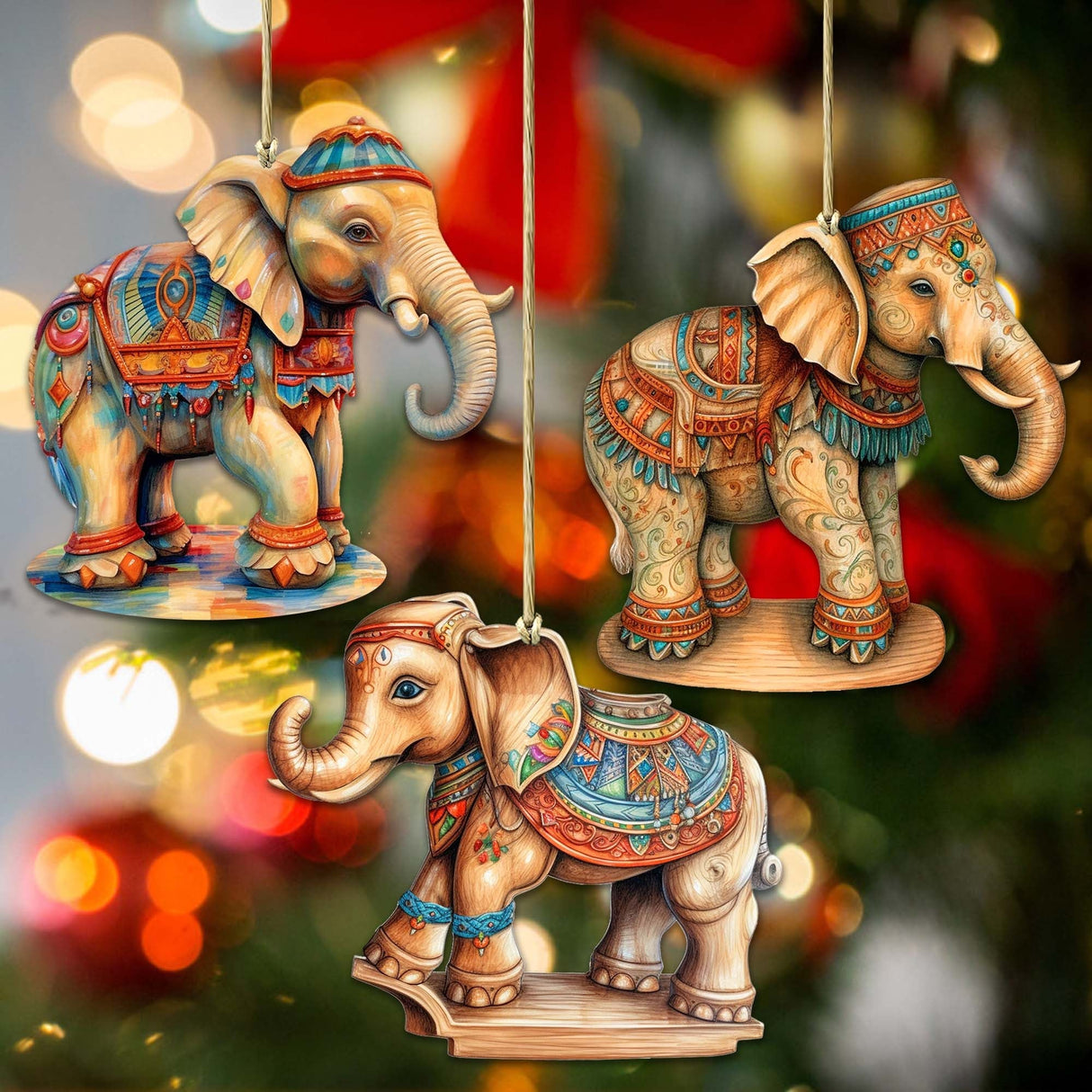 Carousel Elephants Wooden Ornaments Set of 3 by G. Debrekht - Christmas Decor - 8100192S3