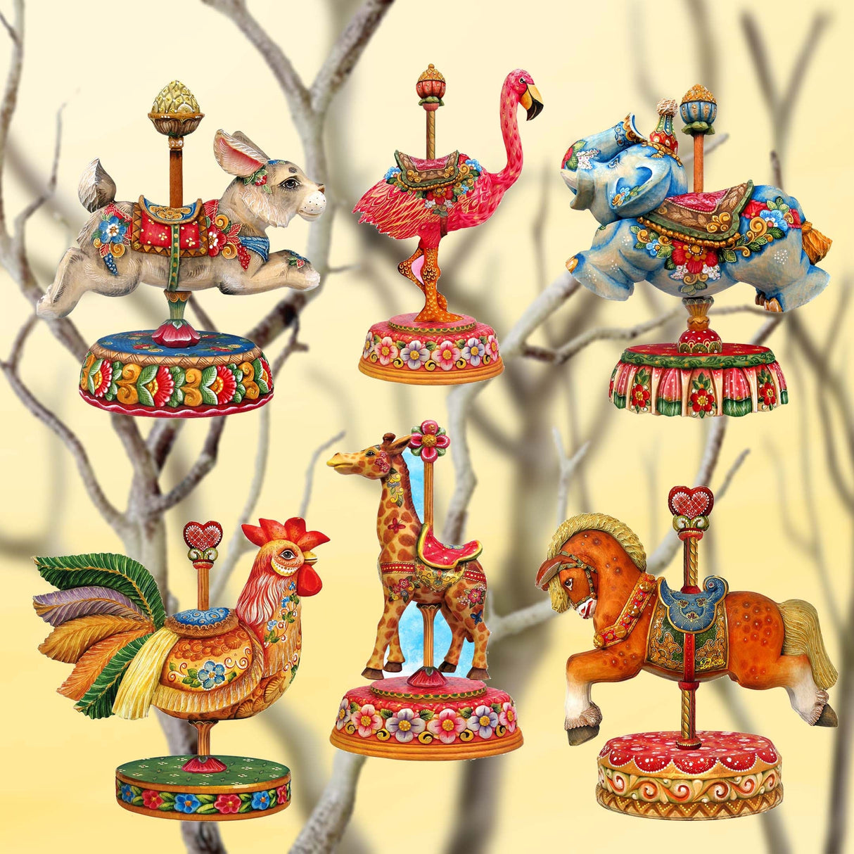 Carousel Decorative Wooden Clip-on Ornaments Set of 6 by G. Debrekht - Christmas Decor - 8090137C-S6