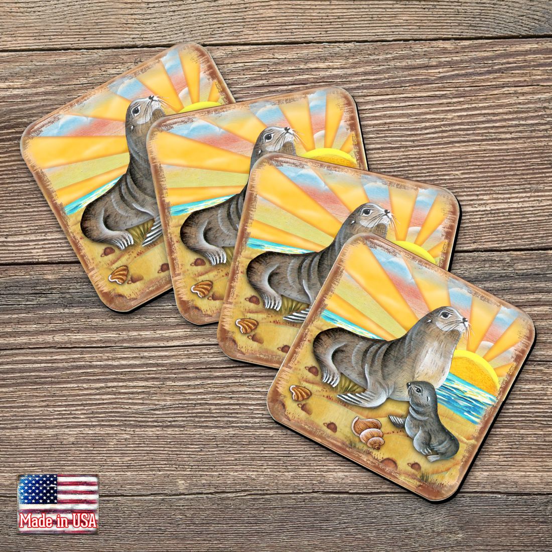 Sealion Coastal Wooden Cork Coasters Gift Set of 4 by Nature Wonders - Coastal Sea-Life Decor - 8198532-2C-S4