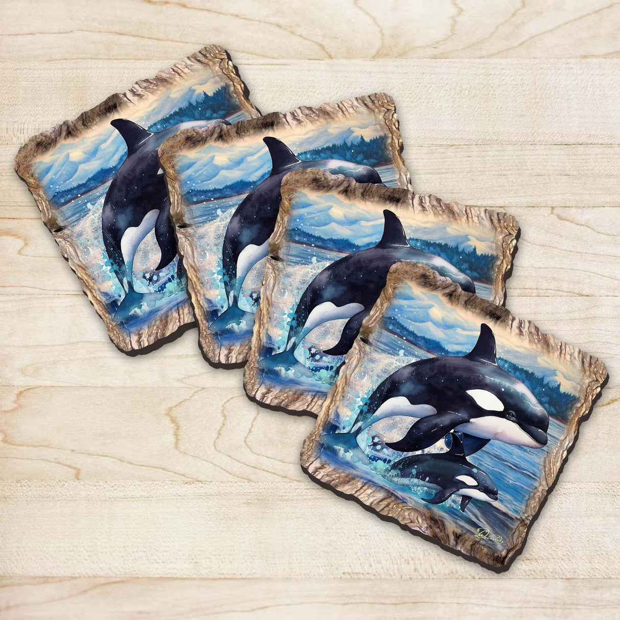 Orca Wooden Cork Coasters Gift Set of 4 by Nature Wonders Coastal Nature Wildlife Decor - 95396C-S4