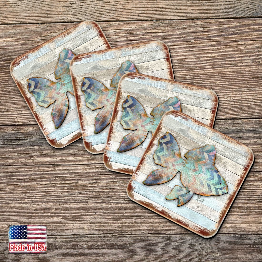 Fish Coastal Wooden Cork Coasters Gift Set of 4 by Nature Wonders - Coastal Sea-Life Decor - 8198534-9C-S4