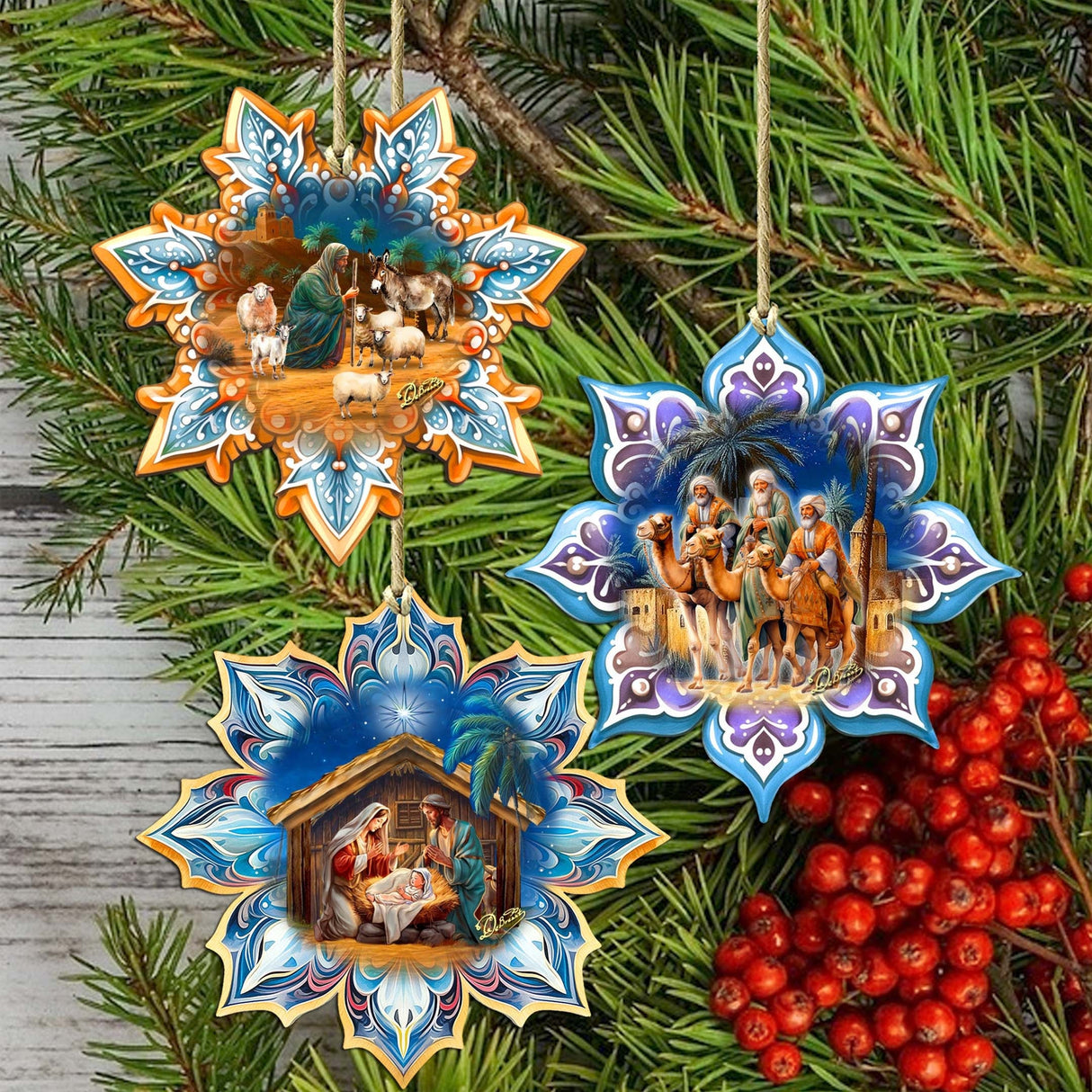 Nativity Snowflake Wooden Ornaments Set of 3 by G. Debrekht - Nativity Holiday Decor - 8090153-S3