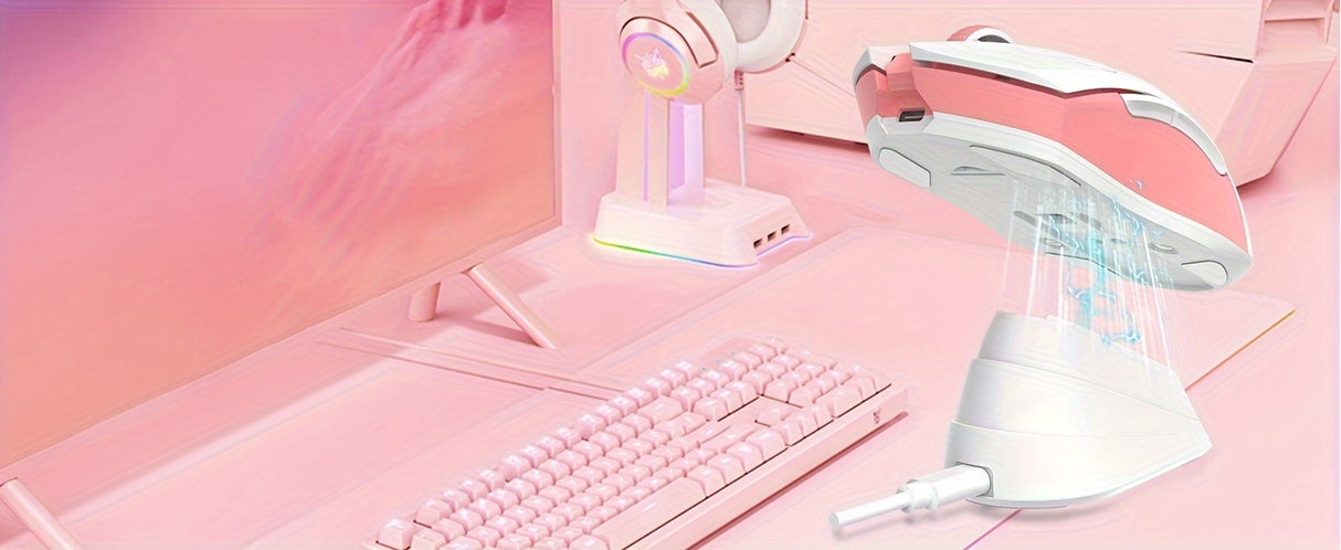 DAREU Sakura Pink Wireless Gaming Mouse - 12K DPI, RGB Rechargeable, 7 Programmable Buttons, Charging Dock Stand, Dual Mode for PC/Laptop/Mac - The Perfect Gift for Birthdays, Valentines, Halloween, Easter, and Girlfriends