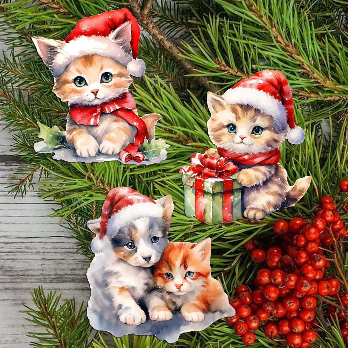 Christmas Cats Decorative Wooden Clip-on Ornaments Set of 3 by G. Debrekht - Christmas Decor - 8091016C-S3