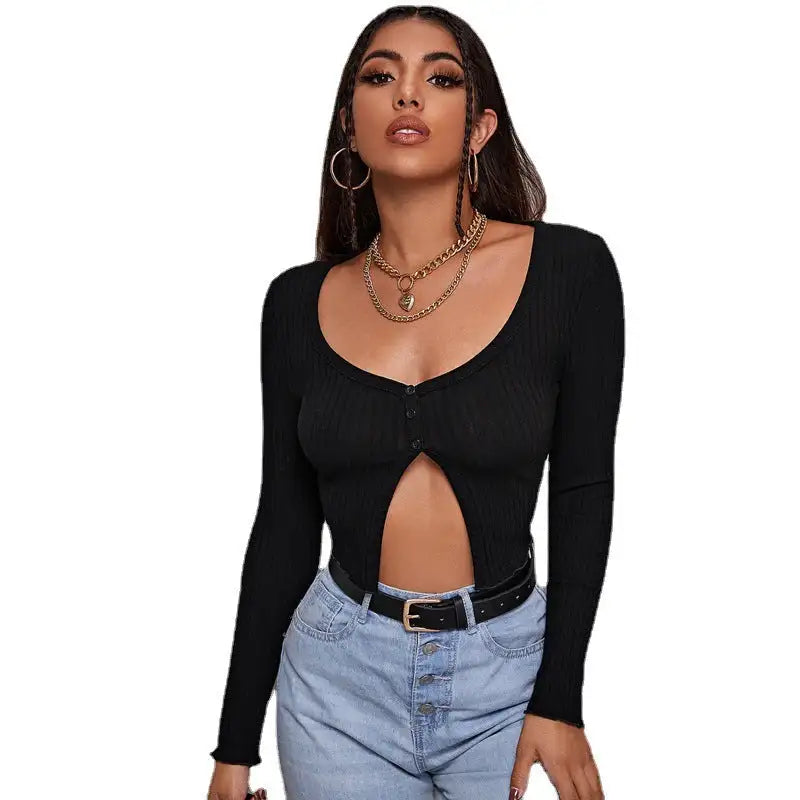 Long Sleeved Crop Cardigan Top Sexy Button Knit T-shirt - Lootquake