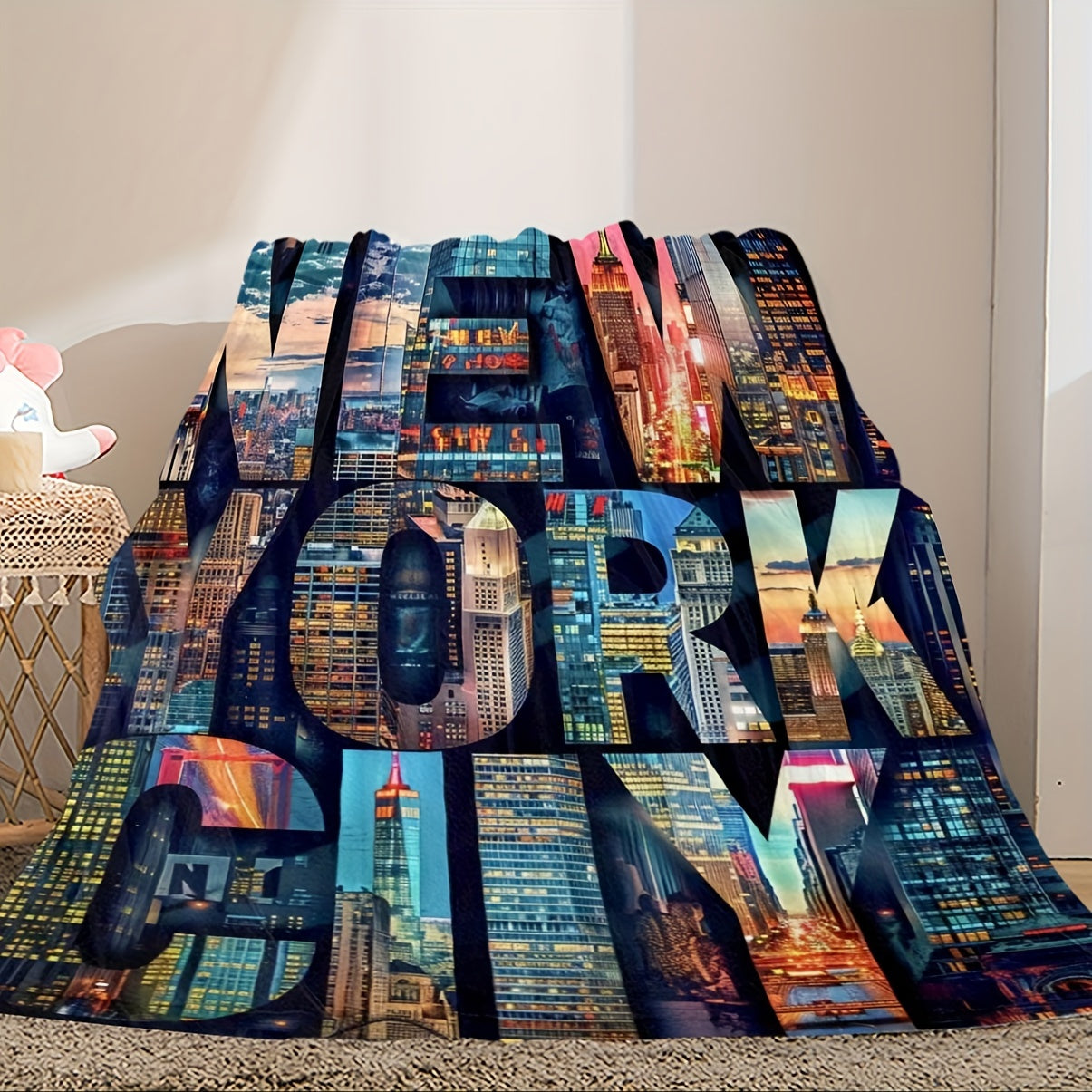New York City Skyline Reversible Chunky Knit Throw Blanket - Contemporary Polyester Fantasy Design with Soft Comfort for All Seasons
