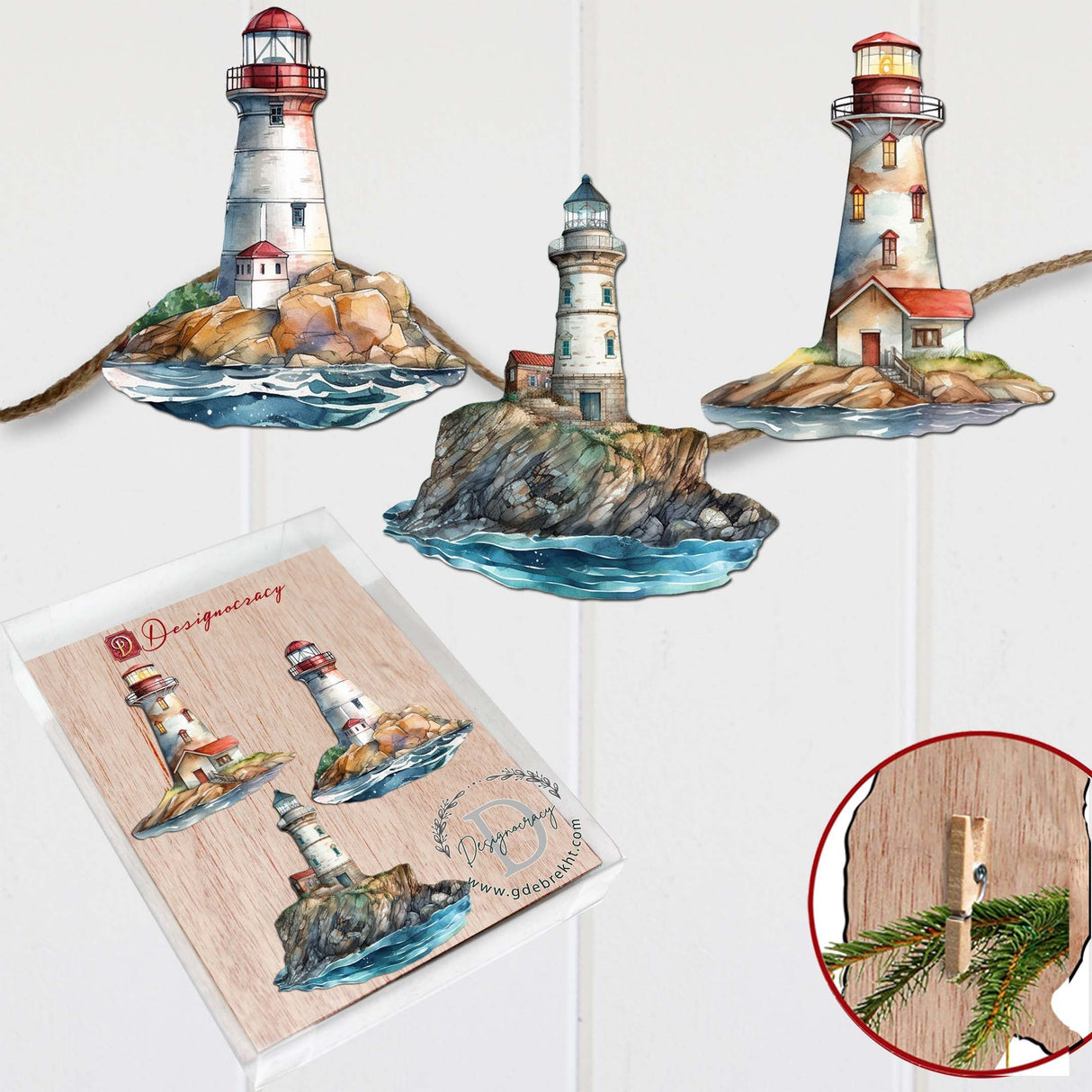 Lighthouse Decorative Wooden Clip-on Ornaments Set of 3 by G. Debrekht - Coastal Decor - 8091022C-S3