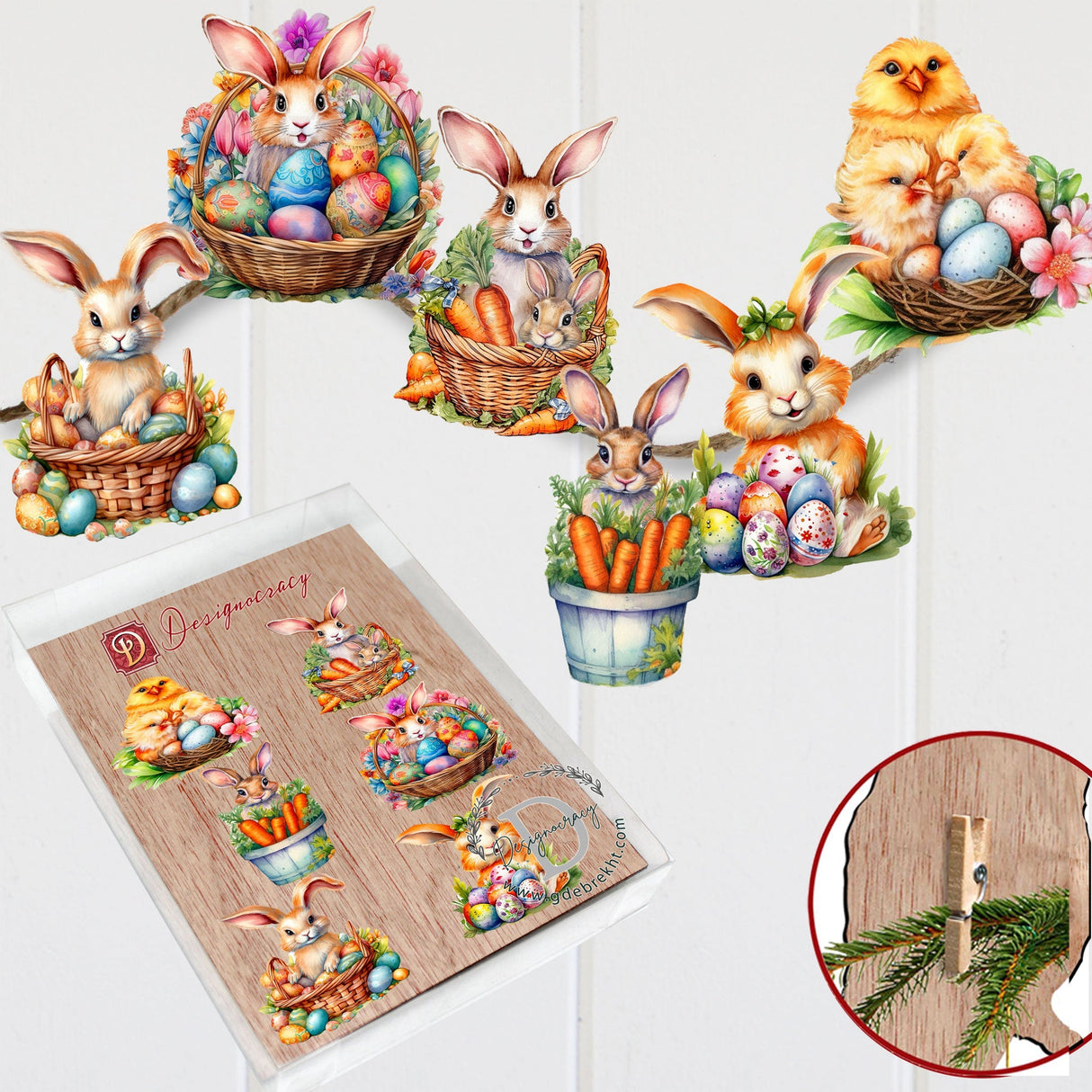 Eggs and Bunnies Decorative Wooden Clip-on Ornaments Set of 6 by G. Debrekht - Easter Decor - 8090057C-S6