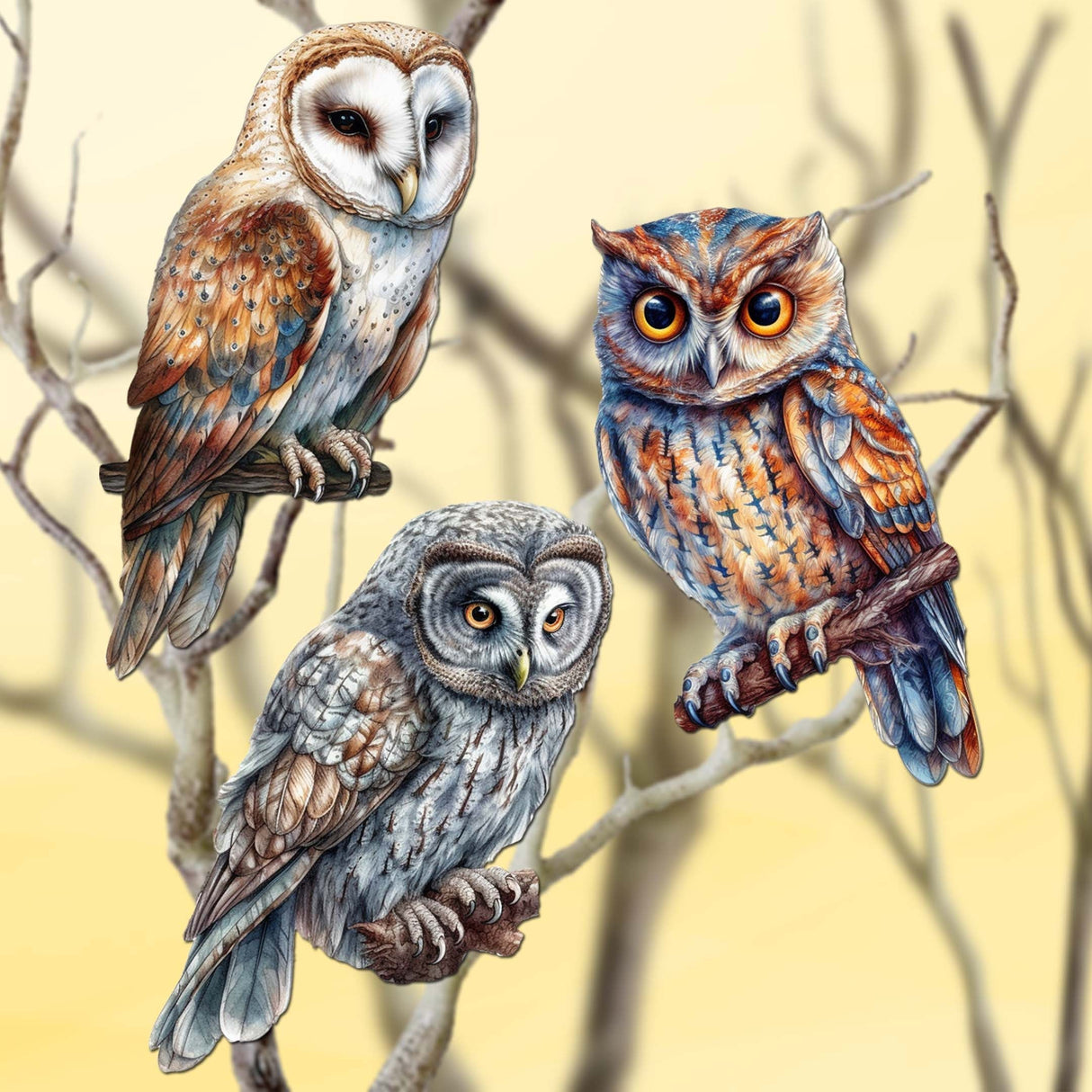 Night Owls Decorative Wooden Clip-on Ornaments Set of 3 by G. Debrekht - Wildlife Decor - 8091004C-S3