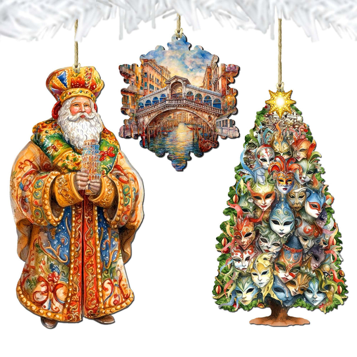 Papá Noel de todo el mundo - Papá Noel de inspiración italiana - Juego de 3 adornos de madera de G. DeBrekht - Decoración navideña de Papá Noel y muñeco de nieve - 8091307S3
