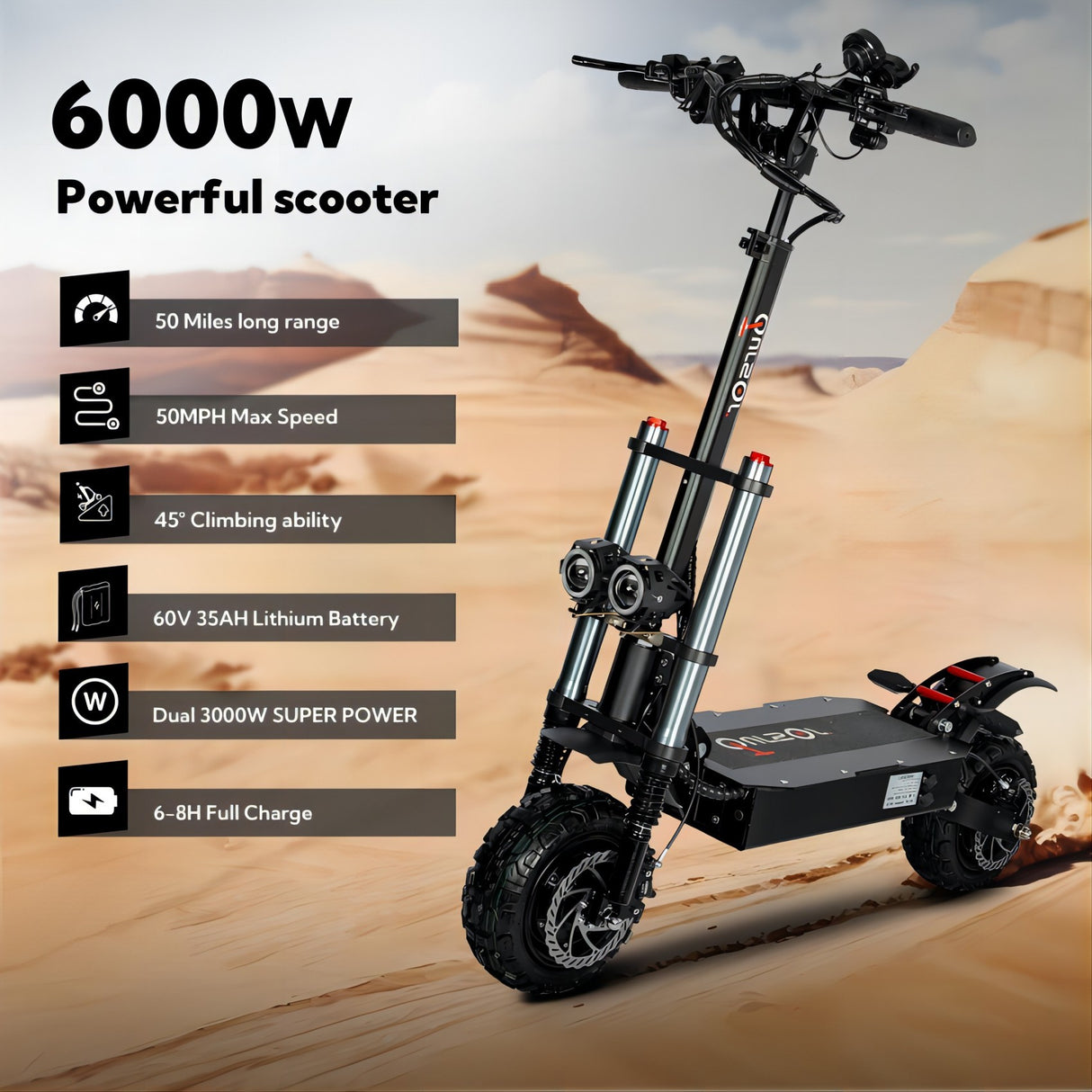 Trottinette électrique avec siège, double moteur 6000 W, vitesse maximale 80 km/h, batterie 60 V 35 Ah, autonomie de 80 km, pneus tout-terrain 11 pouces pour les déplacements urbains et les sorties tout-terrain.