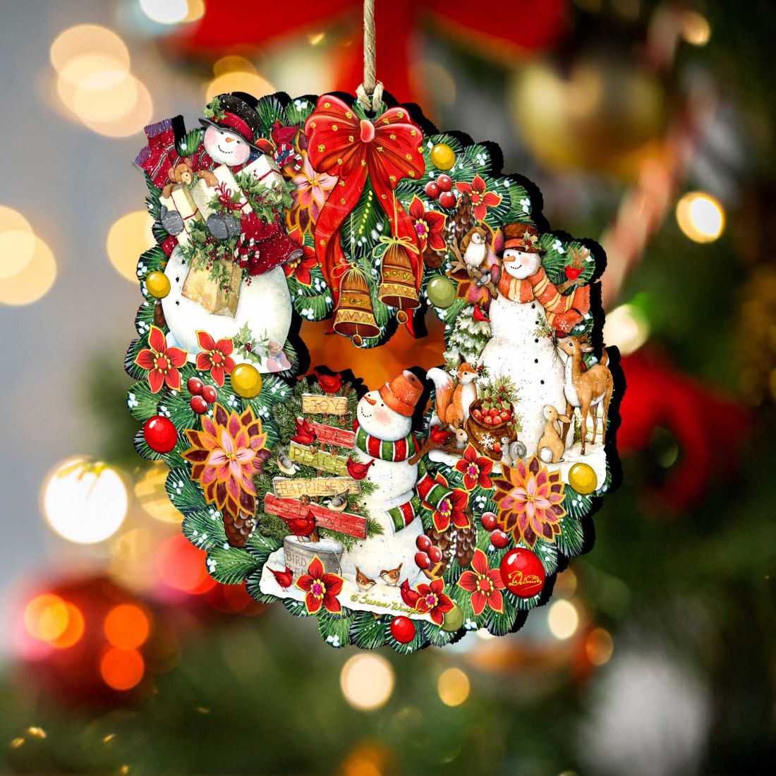 Snowy Christmas Wreath Wooden Ornaments by G. Debrekht and Susan Winget - Santa and Snowman Decor - Item 8185307-4-SW