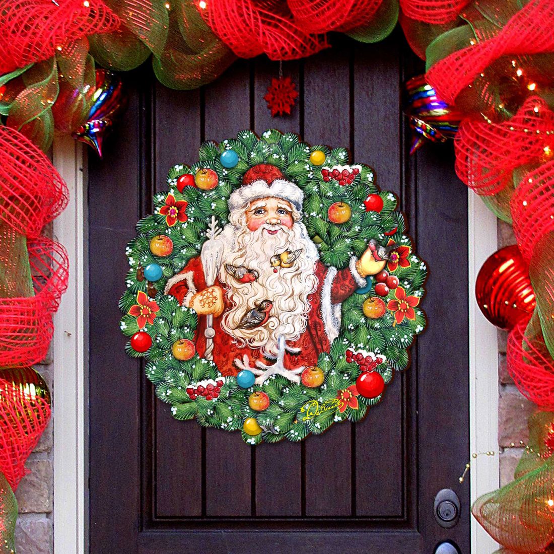 Corona de Papá Noel con pájaros para puerta, de G. DeBrekht - Decoración navideña de Papá Noel y muñeco de nieve - 8185320H