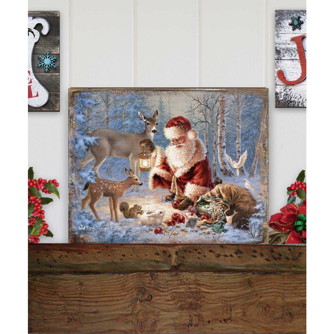 Arte mural de madera "Abundancia de alegría" de D Gelsinger - Decoración navideña de Papá Noel y muñeco de nieve - 95601B-0104