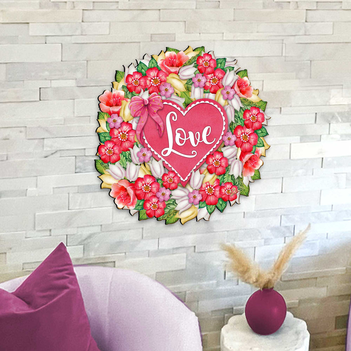 Love Flower Valentine Wreath Wooden Door Hanger Wall by G. DeBrekht - Love Family Kids Decor- 8185303-4H