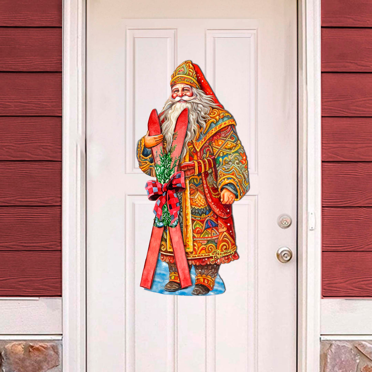 Decoración navideña para puerta "Aventura de esquí de Papá Noel" de G. Debrekht - Decoración navideña de Papá Noel y muñeco de nieve - 8691403H