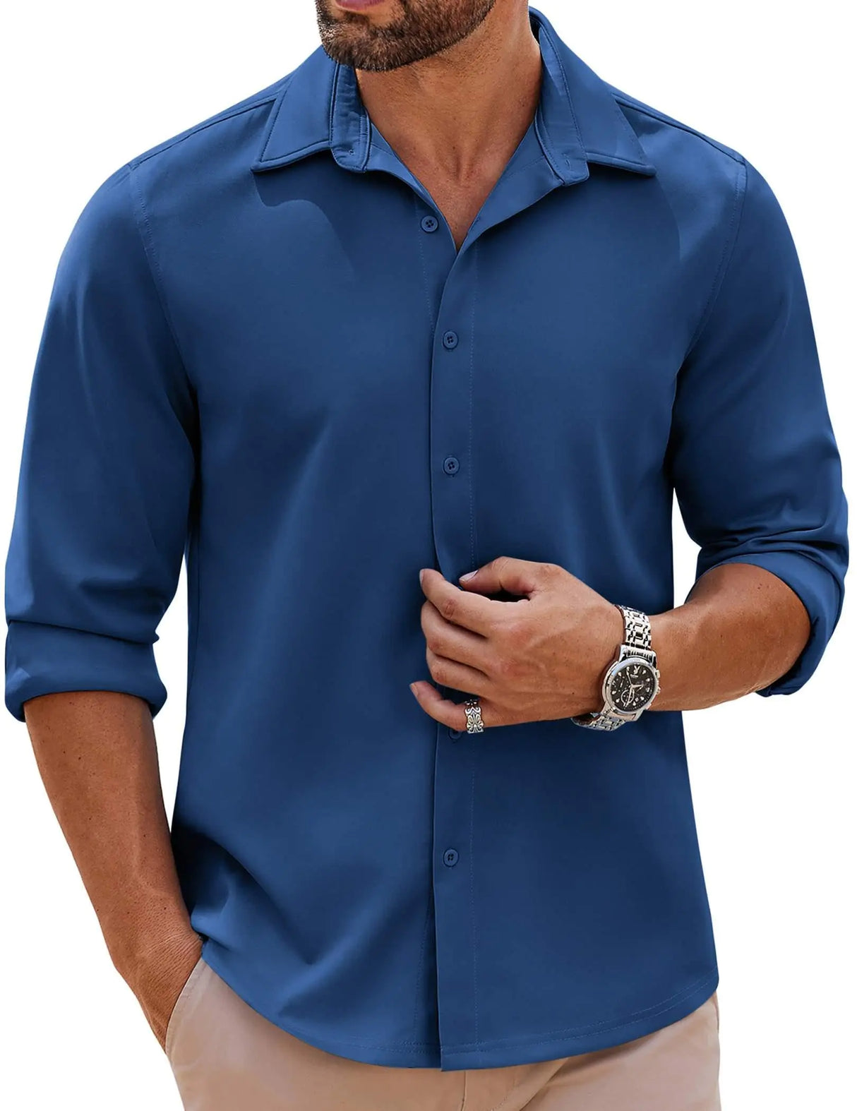 COOFANDY Mens Long Sleeve Button Down Shirts Casual Untucked Shirts Stretch Shirts Dark Blue - Lootquake