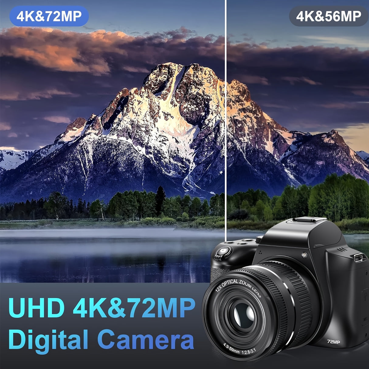 Cámaras para fotografía, cámara digital 4K con zoom óptico de 12x, cámara de vlogueo de 72 MP con pantalla giratoria de 270°, batería, cargador, tarjeta SD de 64 GB, lector de tarjetas