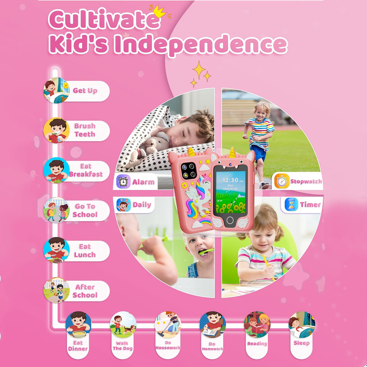 Téléphone intelligent interactif à écran tactile pour enfants de 3 ans et plus, jouet en silicone rose avec double caméra HD, rechargeable par USB avec batterie lithium-polymère de 1 100 mAh, carte SD de 8 Go incluse, cadeau de voyage éducatif pour et