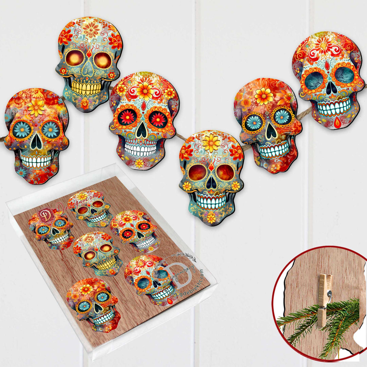Adornos decorativos de madera con forma de calavera de azúcar (6 unidades) de G. Debrekht - Decoración de Halloween - 8090071C-S6