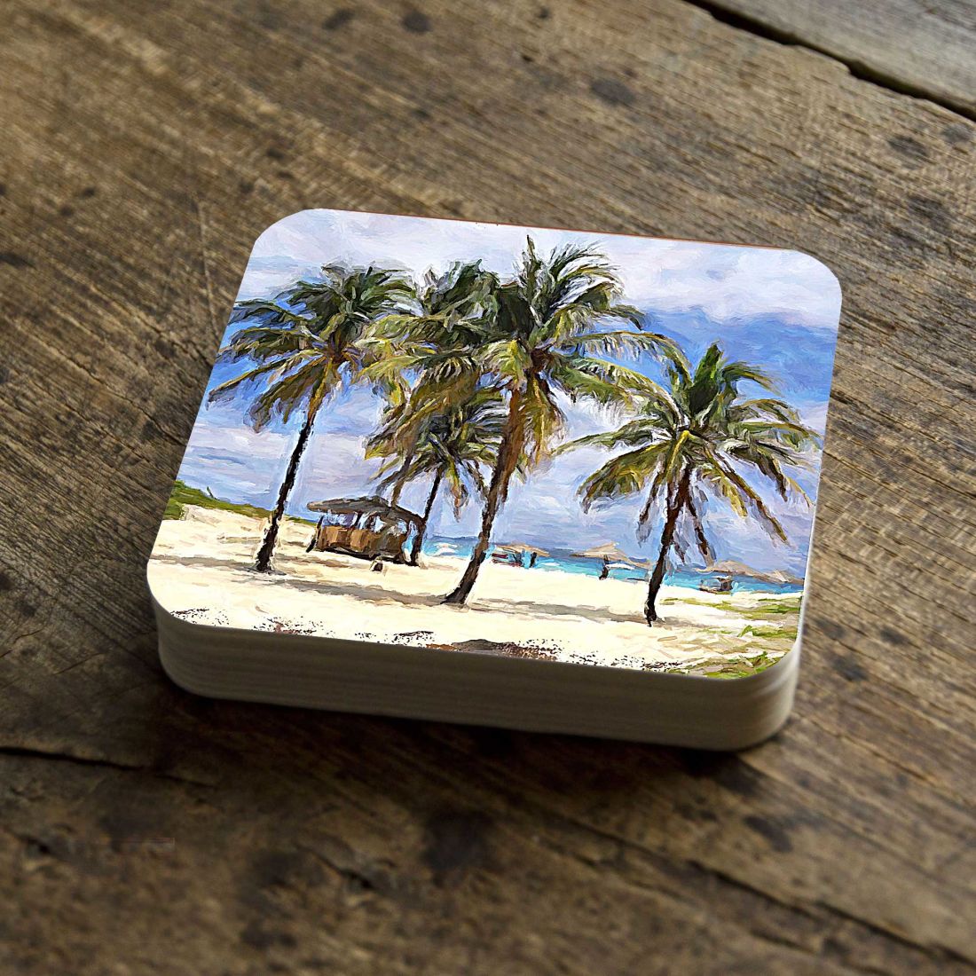 Palm Trees Beach Coastal Wooden Cork Coasters Gift Set of 4 by Nature Wonders - Coastal Sea-Life Decor - 95258C-S4