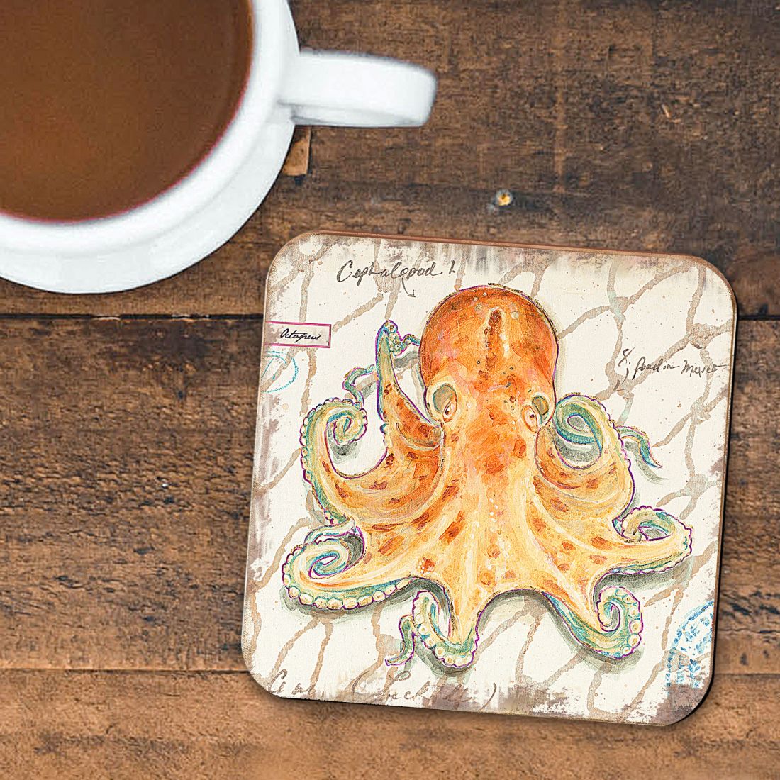 Octopus Coastal Wooden Cork Coasters Gift Set of 4 by Nature Wonders - Coastal Sea-Life Decor - 8198626C-S4