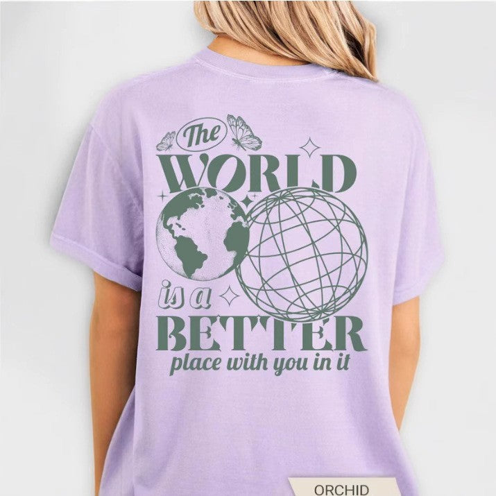 Camiseta de algodón con letras impresas en 2D, cielo estrellado y tierra