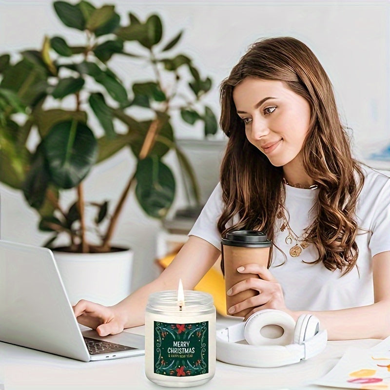 Christmas Themed Scented Candle in Glass Jar, Lavender Soy-Beeswax Blend, 3.5 oz, Hand-Poured with Single Wick, Ideal for Holiday Decor, Christmas Gifting, Festive Ambience & Home Aromatherapy - Comes with Bow Embellishment