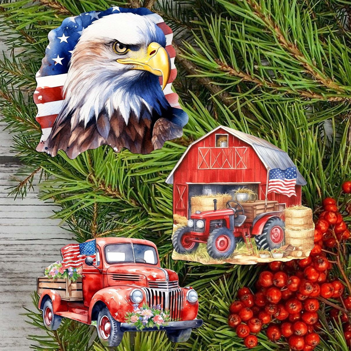 American flag Decorative Wooden Clip-on Ornaments Set of 3 by G. Debrekht - Patriotic Decor - 8091002C-S3