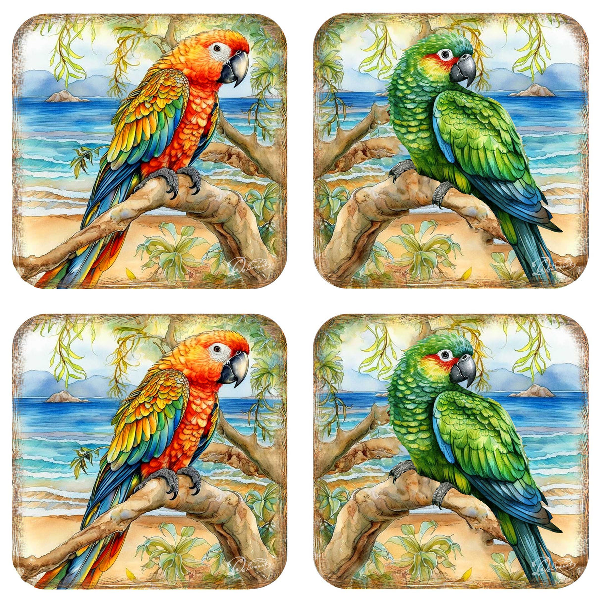 Parrots Wooden Cork Coasters Gift Set of 4 by G. Debrekht - Coastal Holiday Decor - 8199451C-S4