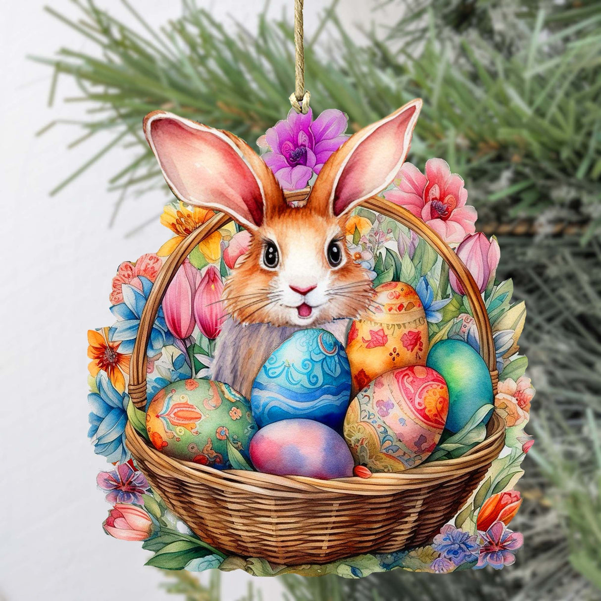 Bunny in a Basket Wooden Ornaments by G. DeBrekht Easter Spring Decor - 8652764