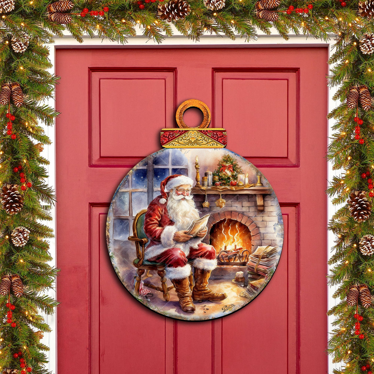 Santa at the Fireplace Holiday Door Decor by G. Debrekht - Christmas Santa Snowman Decor - 8611089H