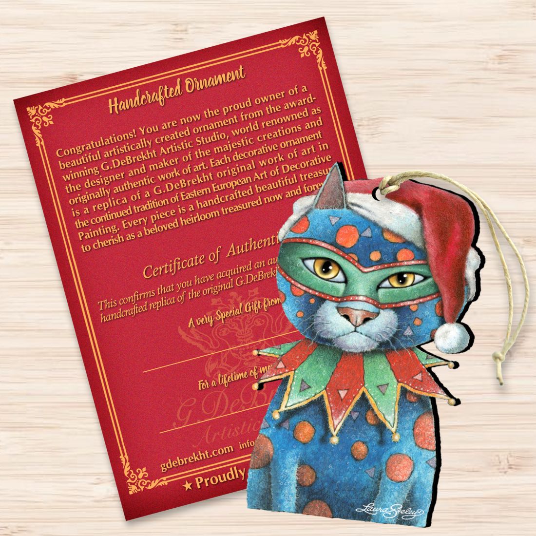 Mardi Gras Santa Cat Wooden Ornaments by Laura Seeley - Pets Dog and Cats Decor - 8512057-LS