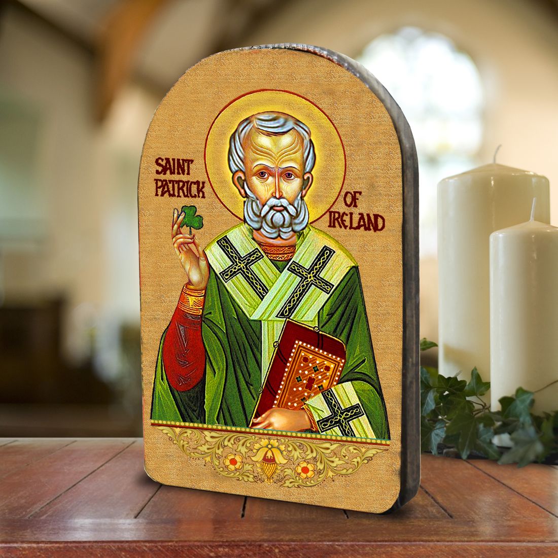 Icono celta religioso de madera de San Patricio, chapado en oro - Decoración inspiradora - 86060