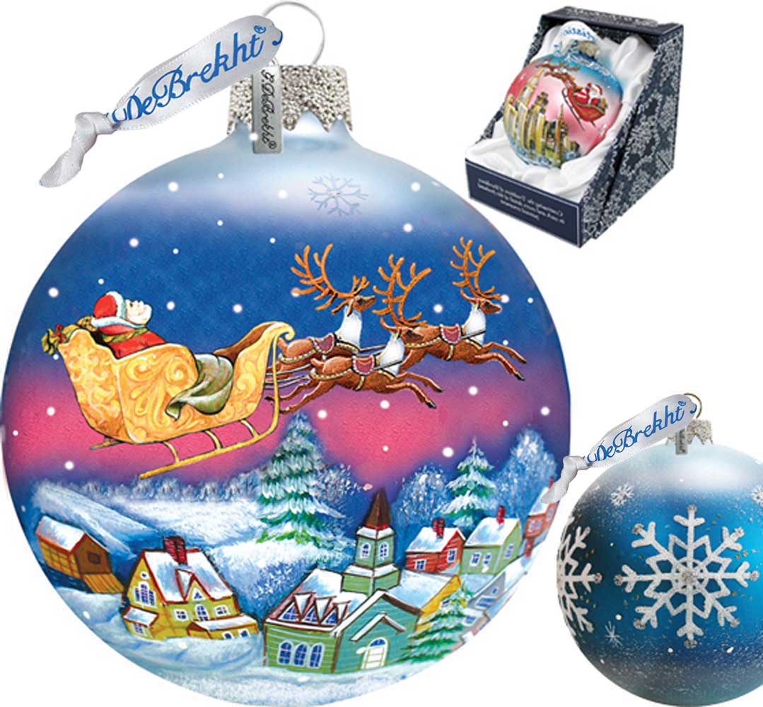 Santa on Sleigh Ball Glass Ornament by G. DeBrekht - Christmas Santa Snowman Décor - 73311