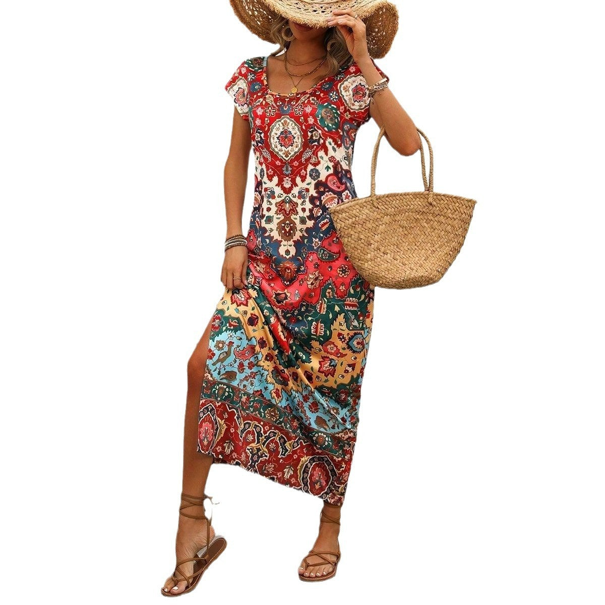 Vestido informal largo con cuello en U y estampado 3D para mujer